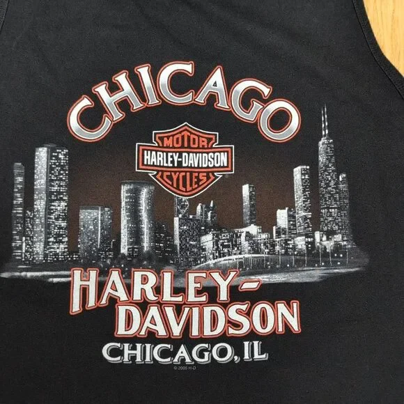 Harley-Davidson Chicago Skyline Black Tank with Red Flames Size XL - Picture 4 of 6